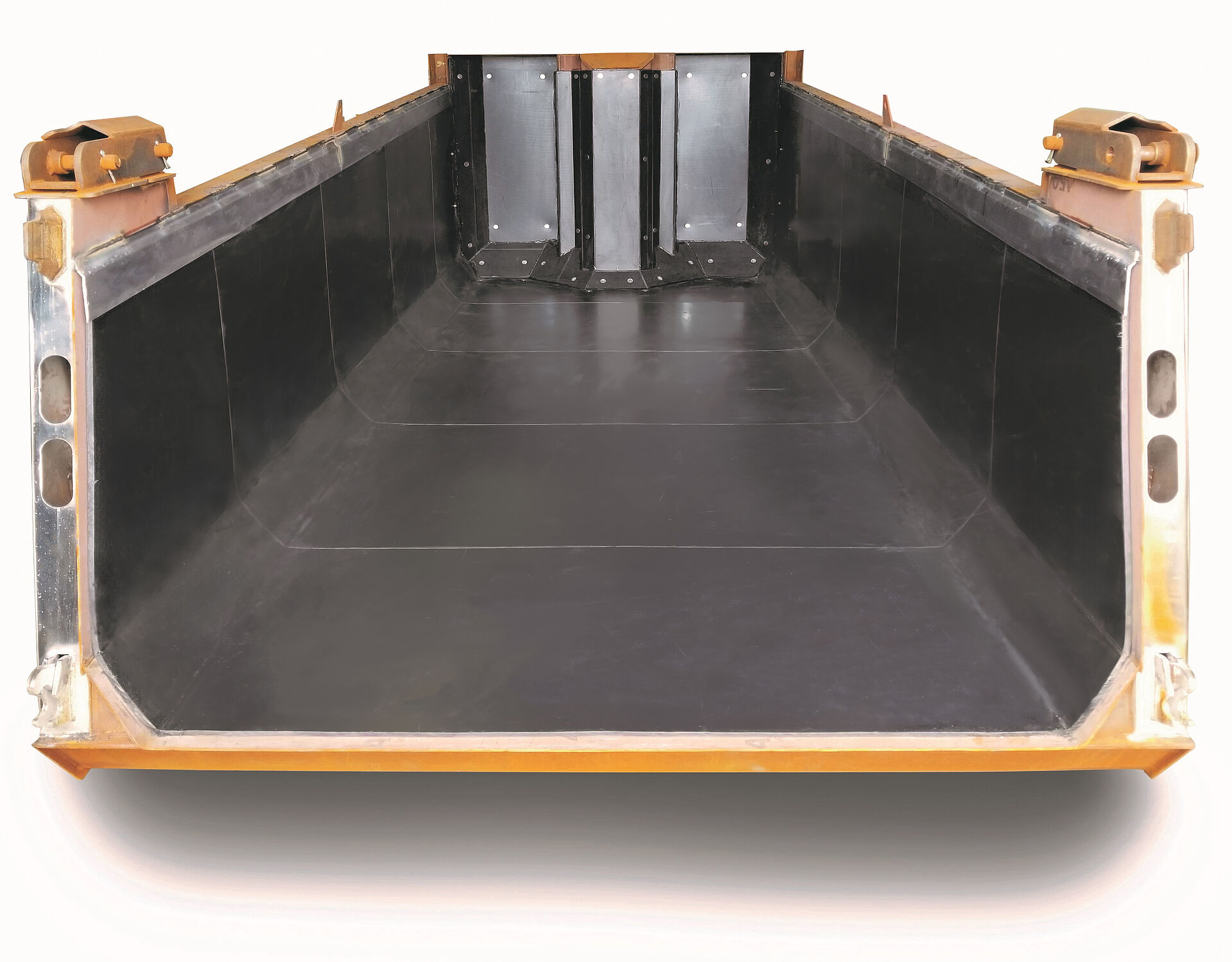 black plastic trailer liner inside of a yellow dump truck